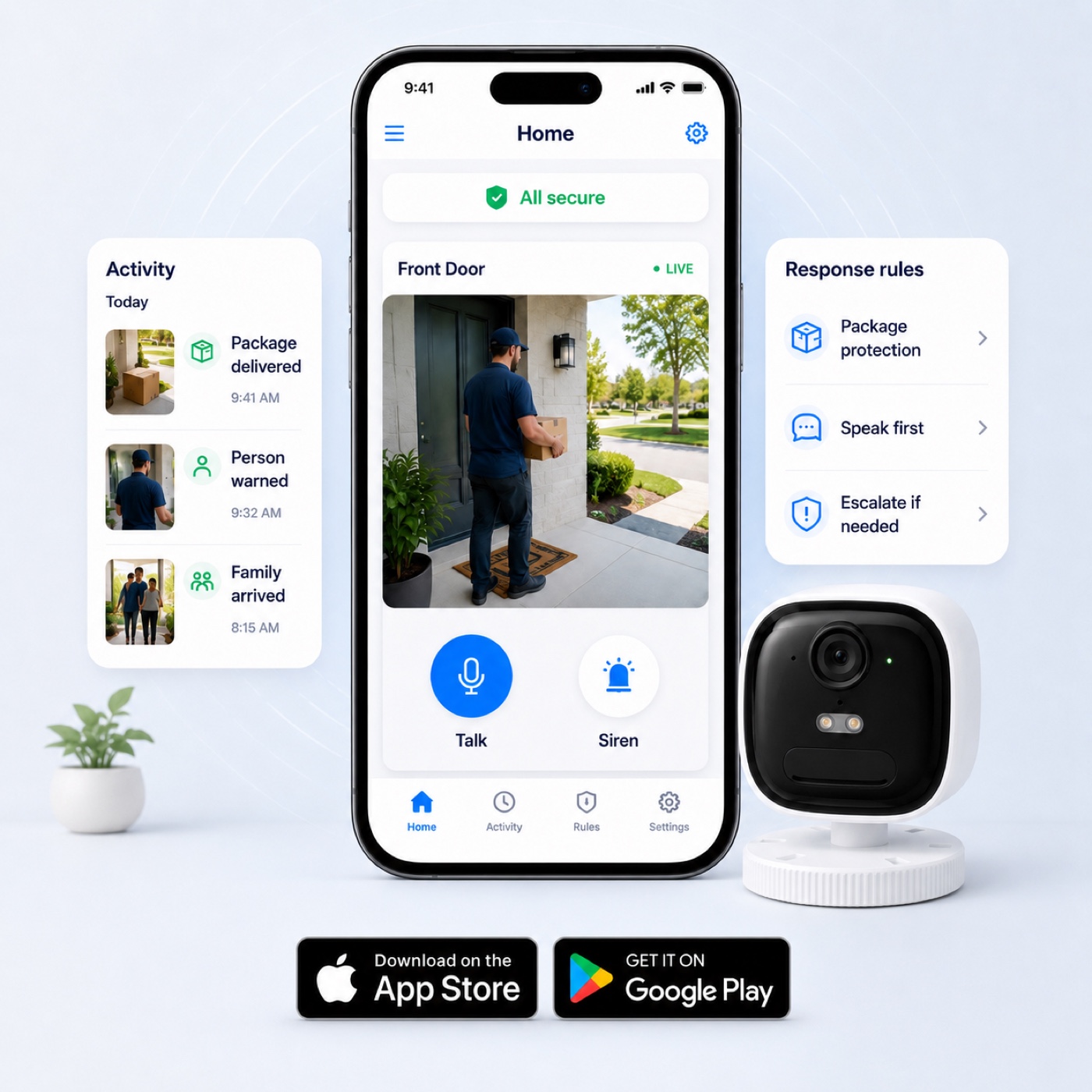 Naya app showing a live front door view, event history, two-way talk, and response rules