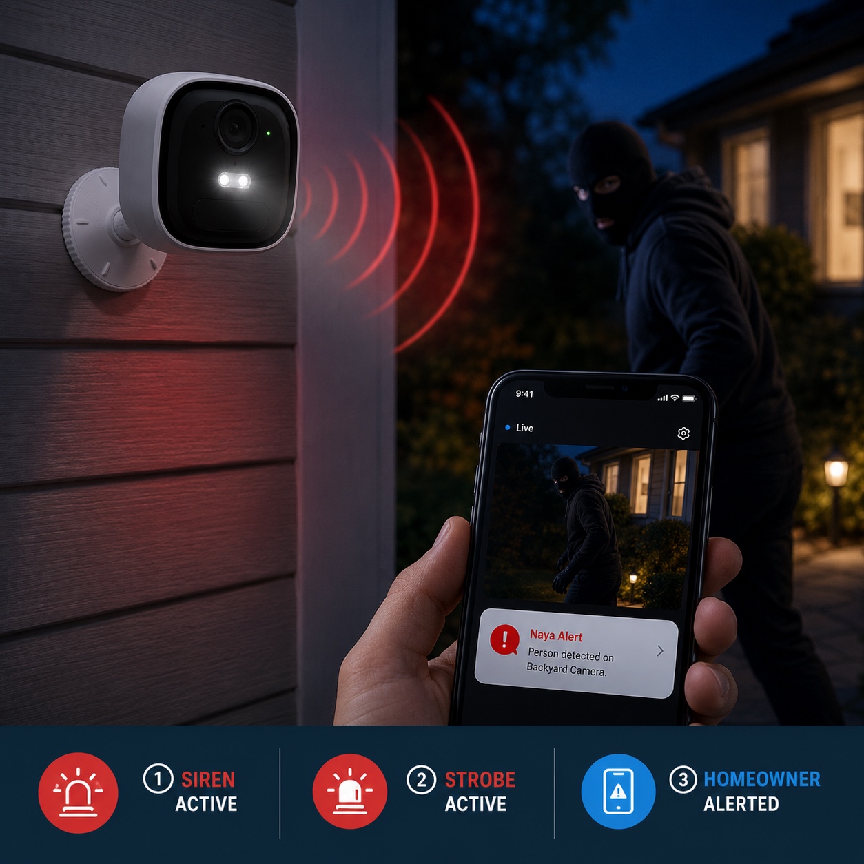 Naya activates its siren and strobe while alerting the homeowner