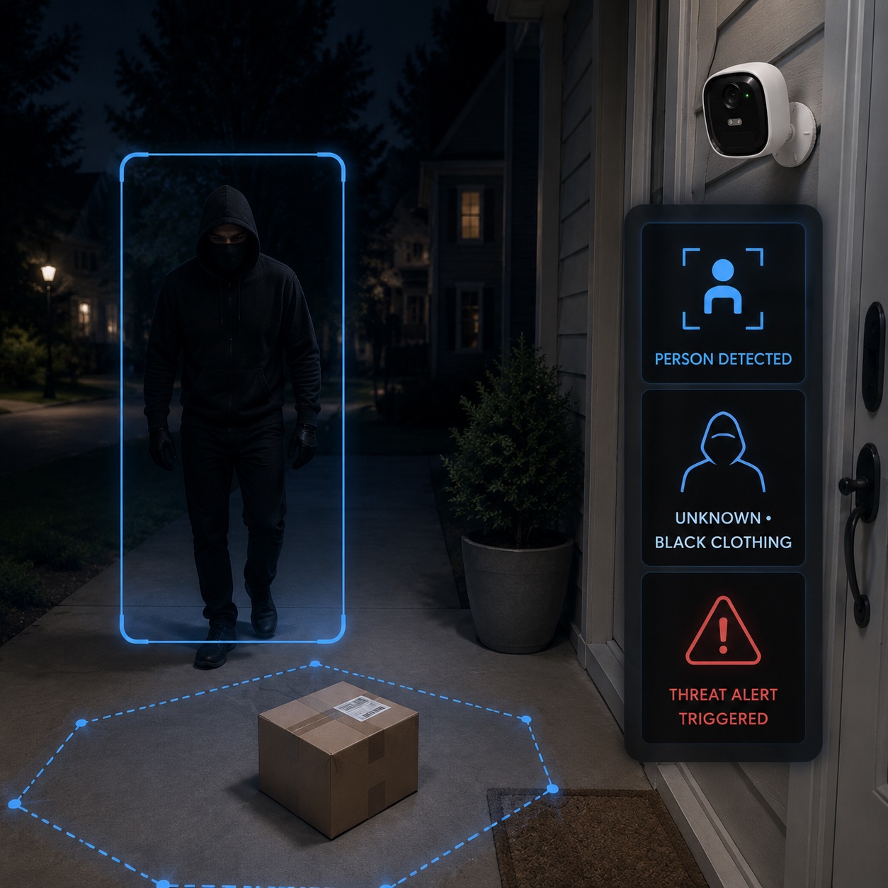 Naya identifies a person in black clothing inside the package zone and triggers a threat alert